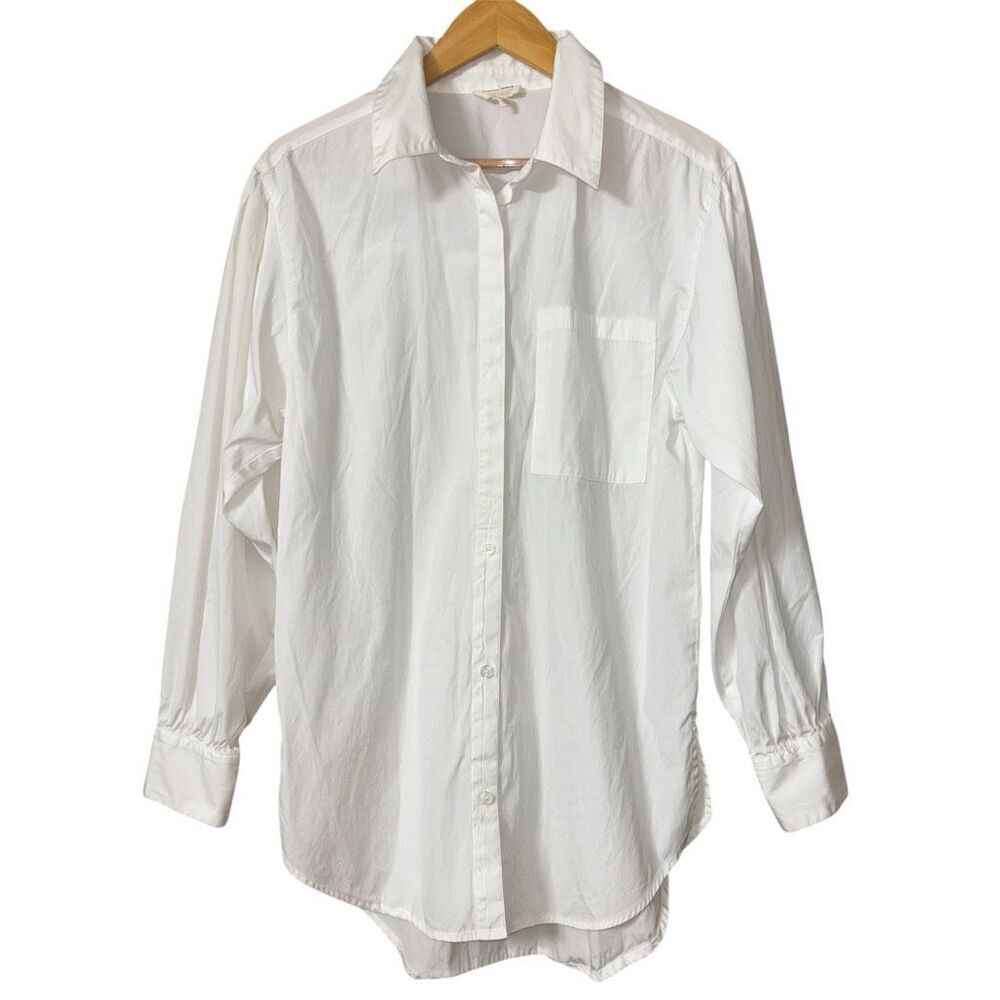 Open Edit White Organic Cotton Poplin Oversize Button Down Blouse Women Small